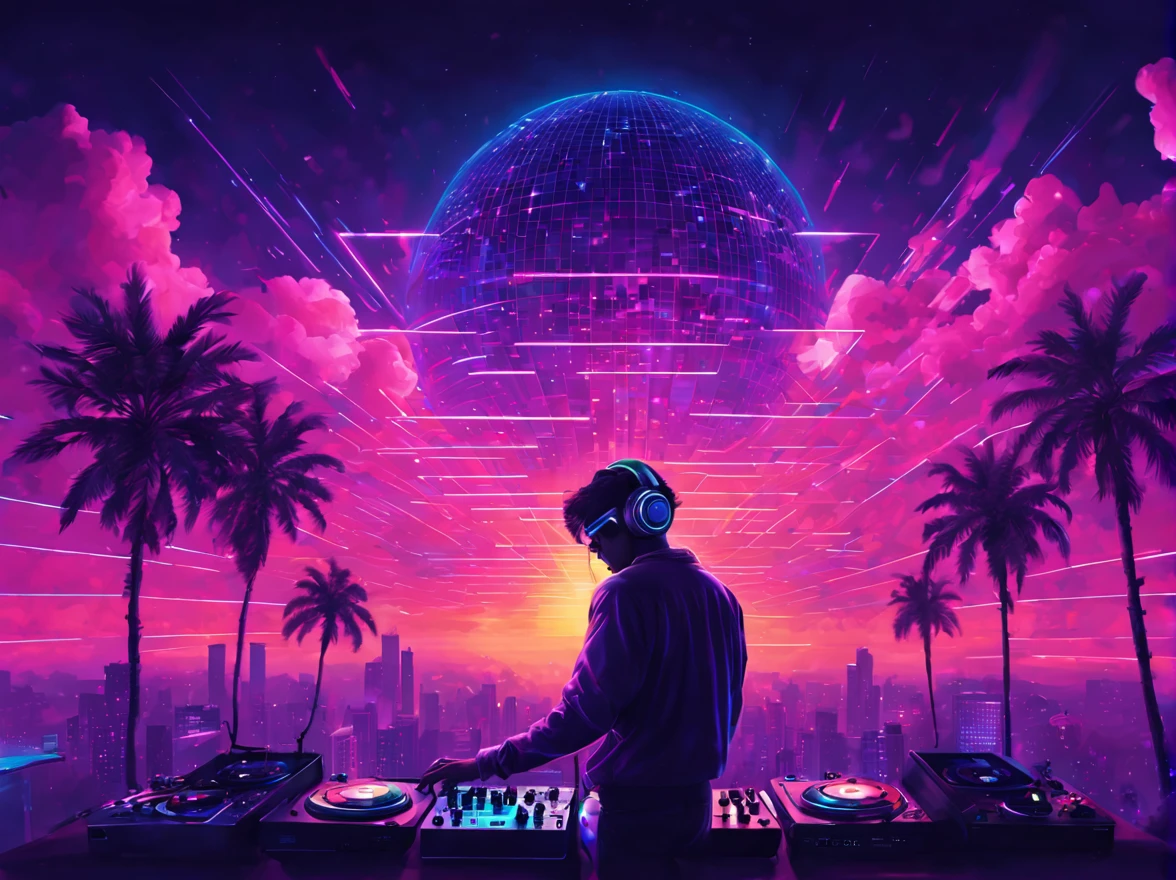 "best quality,4k,8k,highres,masterpiece:1.2,ultra-detailed,realistic:1.37,vivid colors,bokeh,HDR,UHD,studio lighting,ultra-fine painting,sharp focus,physically-based rendering,extreme detail description,professional"

Vaporwave Aesthetic style, silhouette of a DJ, lines and lines, silhouette of several musical notes suspended in the air and (an eighties DJ and his Pioneer dj set), vintage, magic, portraits, landscape, photography, concept artists, neon lights, pastel colors, dreamlike atmosphere, retro-futuristic vibes, digital glitch art, holographic effects, floating clouds, reflecting surfaces, chrome elements, 80s arcade game graphics, palm trees, pink and purple color scheme, city skyline, glowing sunsets, geometric shapes, pixel art, surrealistic elements, cyberpunk influences, nostalgic vibes, cassette tapes, psychedelic visuals, surreal landscapes, glitched-out visuals, vibrant and saturated colors, surreal sunsets, dreamy clouds, sunrays filtering through clouds, sparkling stars, disco ball, groovy beats, nostalgic atmosphere, nostalgic music, ethereal and magical ambiance, retro synthesizers, glowing city lights, dynamic motion, intricate details, expression of escapism.