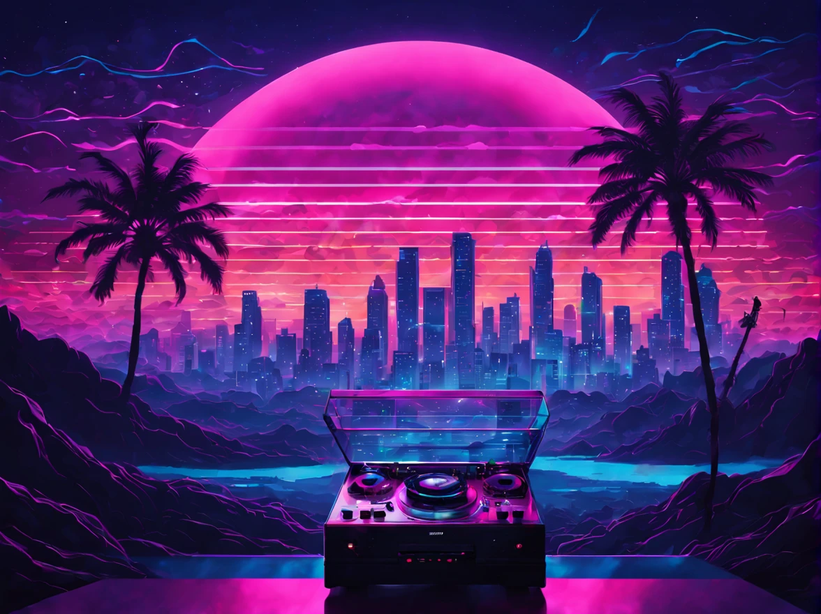 "best quality,4k,8k,highres,masterpiece:1.2,ultra-detailed,realistic:1.37,vivid colors,bokeh,HDR,UHD,studio lighting,ultra-fine painting,sharp focus,physically-based rendering,extreme detail description,professional"

Vaporwave Aesthetic style, silhouette of a DJ, lines and lines, silhouette of several musical notes suspended in the air and (an eighties DJ and his Pioneer dj set), vintage, magic, portraits, landscape, photography, concept artists, neon lights, pastel colors, dreamlike atmosphere, retro-futuristic vibes, digital glitch art, holographic effects, floating clouds, reflecting surfaces, chrome elements, 80s arcade game graphics, palm trees, pink and purple color scheme, city skyline, glowing sunsets, geometric shapes, pixel art, surrealistic elements, cyberpunk influences, nostalgic vibes, cassette tapes, psychedelic visuals, surreal landscapes, glitched-out visuals, vibrant and saturated colors, surreal sunsets, dreamy clouds, sunrays filtering through clouds, sparkling stars, disco ball, groovy beats, nostalgic atmosphere, nostalgic music, ethereal and magical ambiance, retro synthesizers, glowing city lights, dynamic motion, intricate details, expression of escapism.