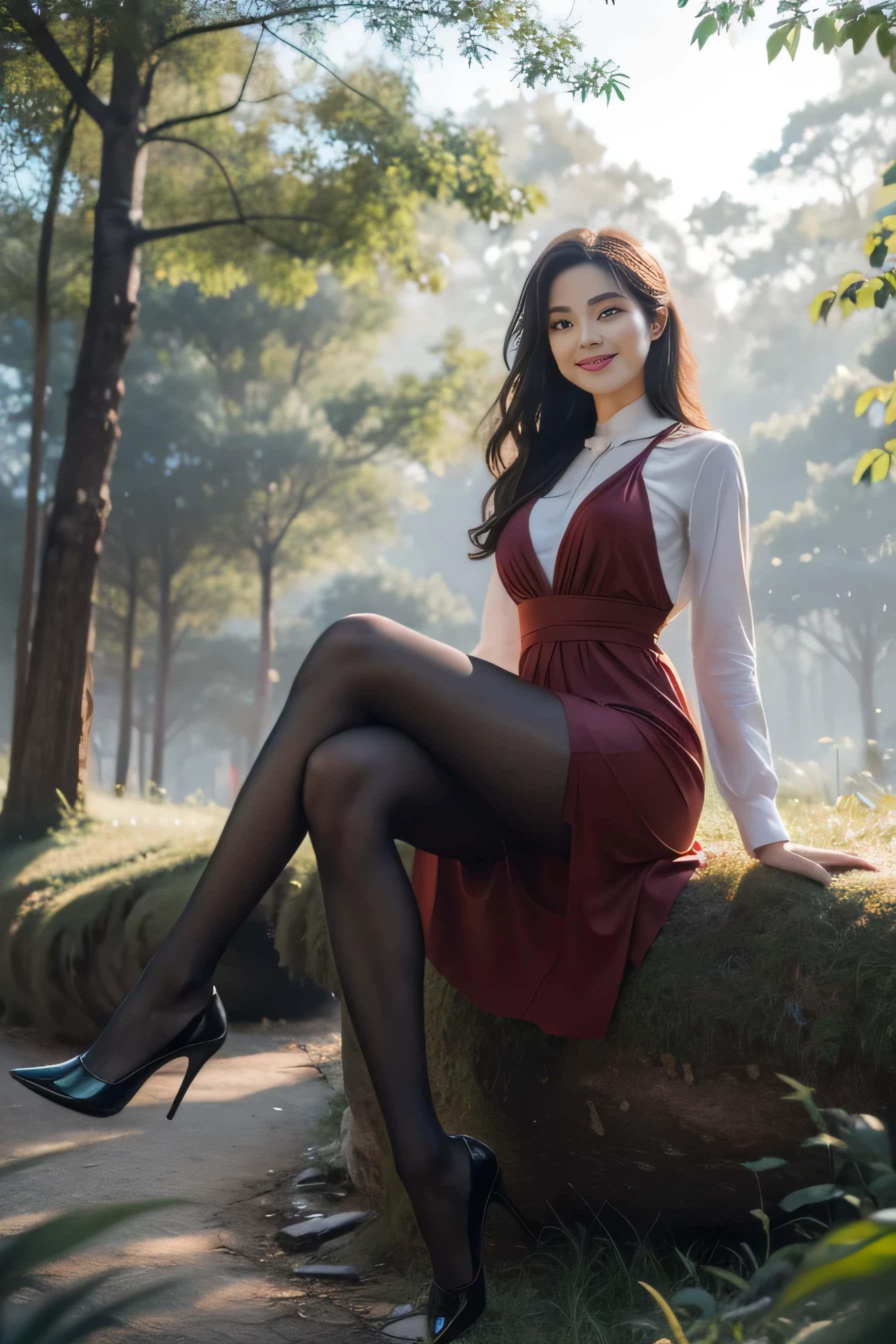 (full body:1.5),(1girl:1.3),(view the viewer:1.4),(anatomy correct:1.3),(sitting in the forest:1.2),(Wearing a Sparta Style Dress:1.2),(Opaque pantyhose:1.3),( girl pointed thick heels :1.1),(Accurate and perfect face:1.3),(Long legs:1.3),hyper HD, Ray traching, reflective light,smiling face, structurally correct, Award-Awarded, high detail, lighten shade contrast, Face lighting ,cinematic lighting, masterpiece, super detailing, high quality, high detail, best quality, 16k,High contrast, correct fingers