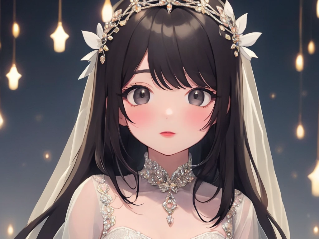 A slightly plump woman,has long black hair,bangs,wearing makeup,small black eyes,wearing a wedding dress with sleeves,I'm embarrassed,Sparkling,Upper body,Quiet personality,look up,small breasts,