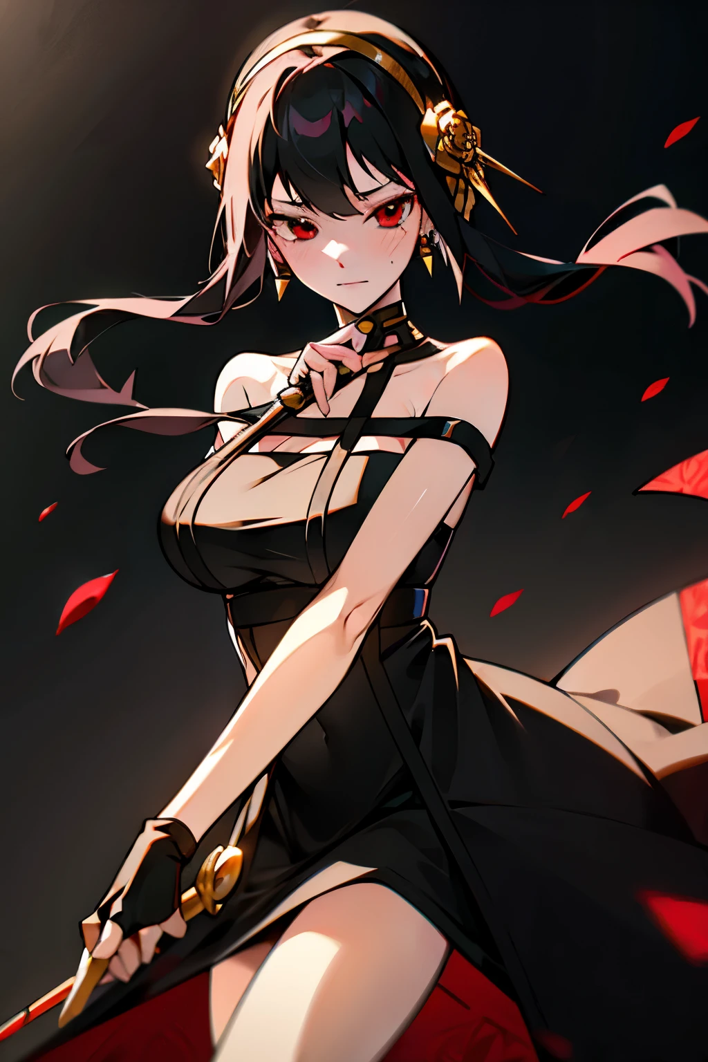 yor briar, 1girl, backlighting, bare shoulders, black background, black dress, black gloves, black hair, blood, blood on face, blood on weapon, breasts, closed mouth, cowboy shot, dress, earrings, expressionless, fingerless gloves, floating hair, floral print, flower, gloves, gold earrings, gold hairband, hair flower, hair ornament, hairband, holding, holding weapon, jewelry, large breasts, light particles, long hair, looking at viewer, off-shoulder dress, off shoulder, petals, red eyes, rose, rose petals, rose print, short hair with long locks, sidelocks, solo, spikes, thighs, two-sided dress, two-sided fabric, weapon , ((masterpiece))