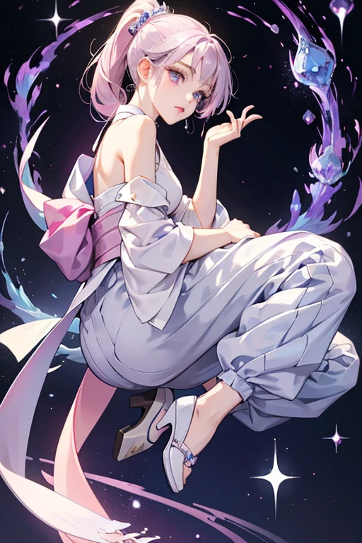 pale skin and mauve colored eyes and periwinkle highlights. She also has straight light periwinkle hair that is worn in a high ponytail with bangs, and she has pale mixed periwinkle eyeshadow and pale pink lipstick.  she has a shiny periwinkle tank top. Then, she has baggy periwinkle and dark periwinkle pants. Her pants have a waistband with Korean writing across it. Then, she has a grey hanbok wrap with a periwinkle dragon on the right side. Finally, she has white heels with black and periwinkle straps. Then, she has price tags hanging off on both shoes.. GLITTER

