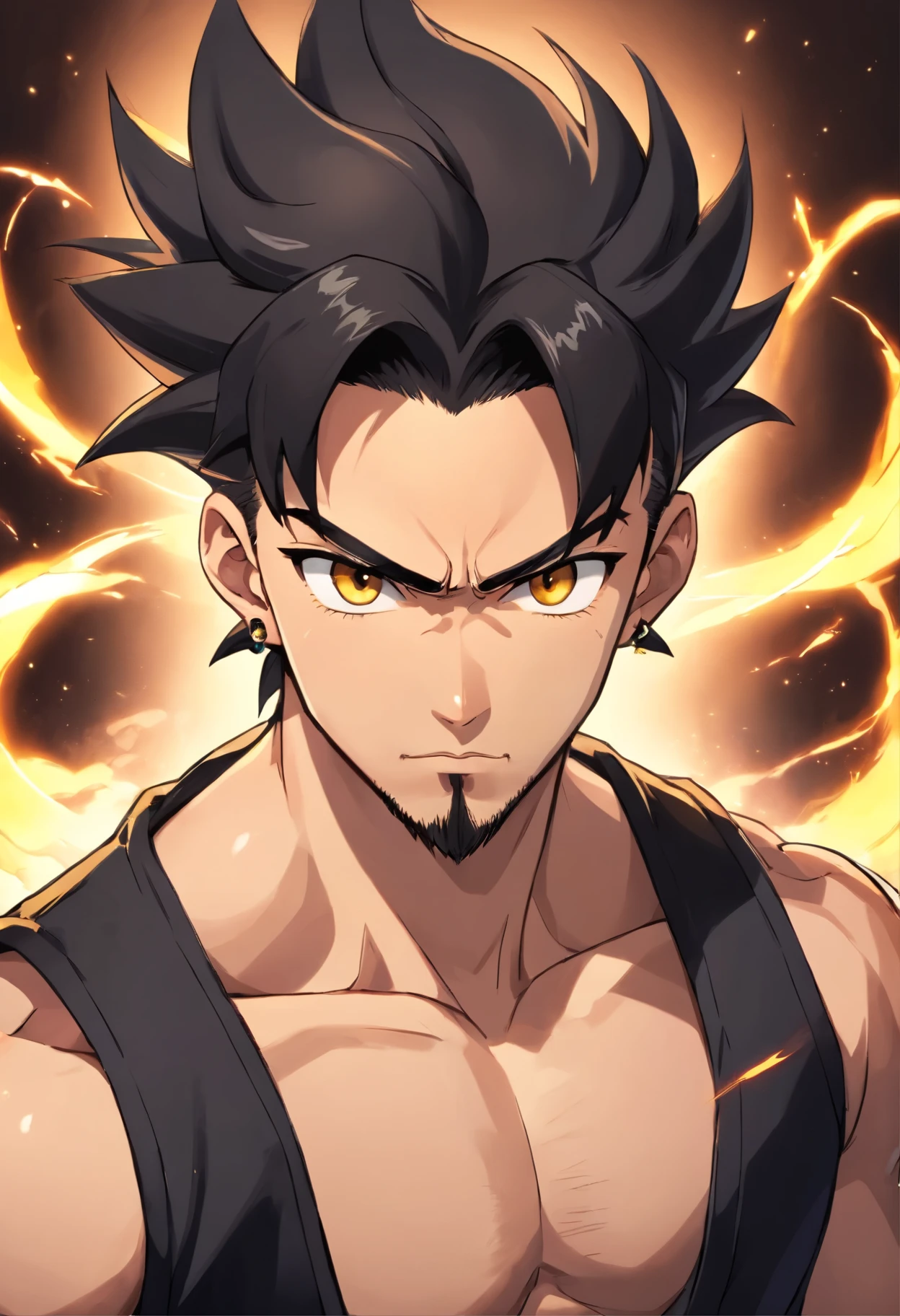perfect face, handsome, male, golden eyes, (goatee), black hair, (super saiyan undercut), (muscular), (shirtless with a sleeveless jacket), (tattoo sleeves on both arms), (black stud earrings on both ears), pick necklace, ((looking at viewer)), slender eyebrows, slim pointy nose