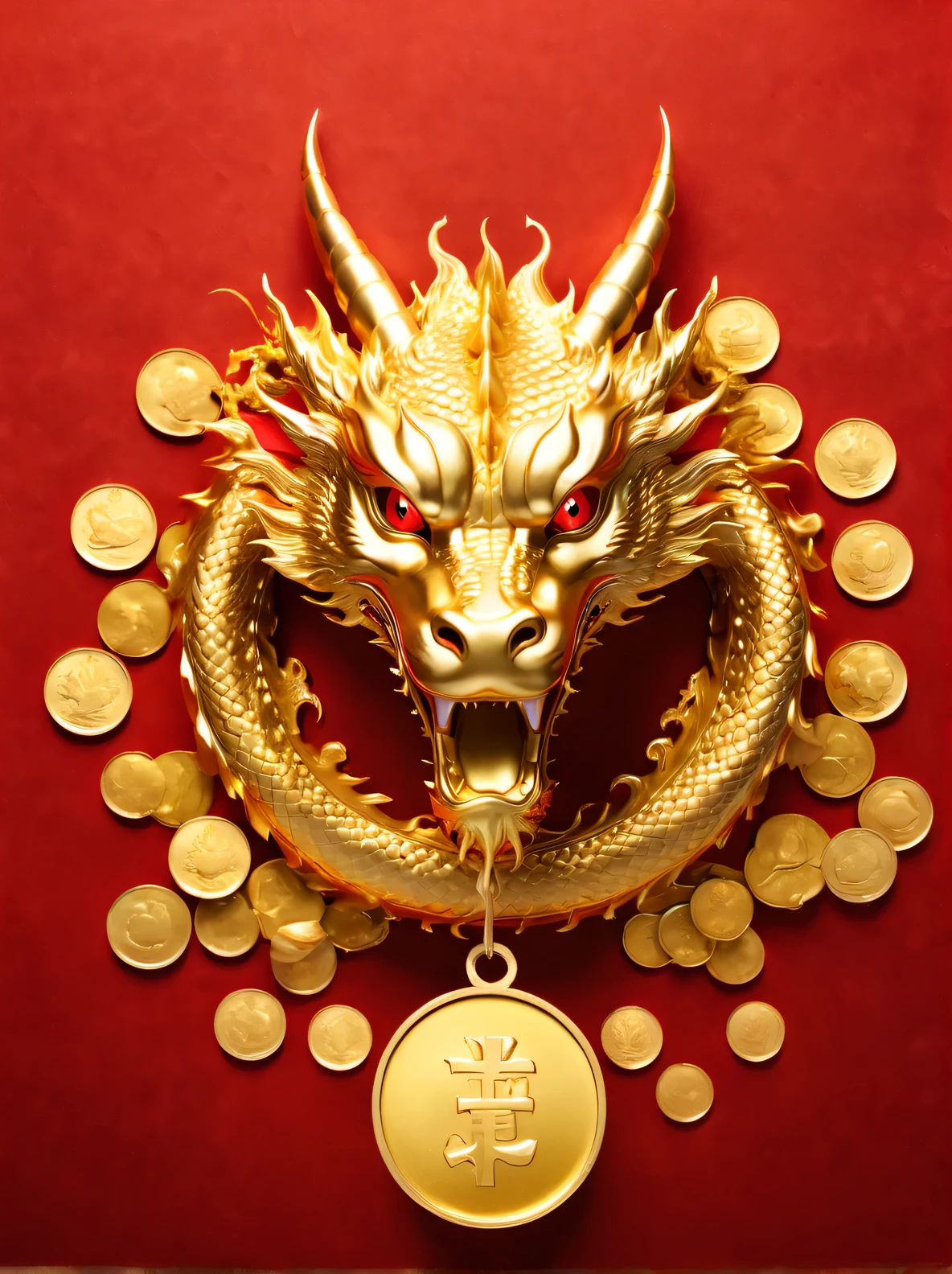 golden dragon，faucet，red background，nobody类，faucet在中央，gold coins，Gold ingots，illustration，console，nobody，There are no limbs，No claws
