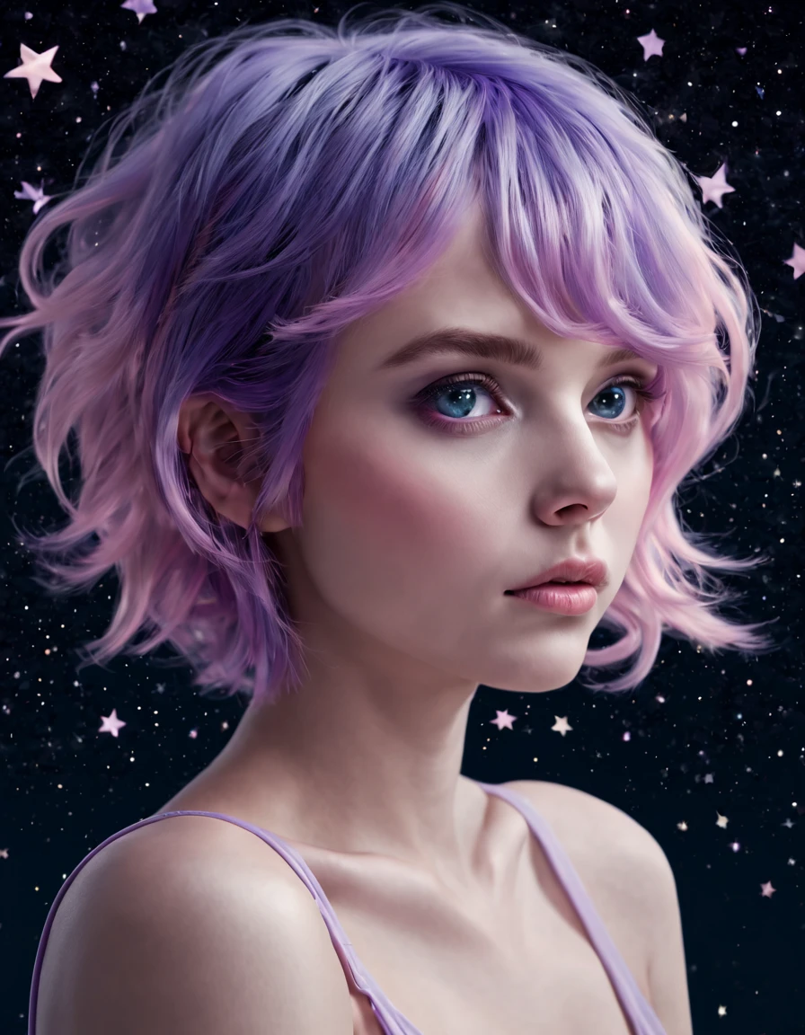 ((masterpiece,best quality)),(negative space:1.4),(1girl, solo:1.4),beautiful detailed eyes,floating pastel pink and lavender hair, lavender eyes, at night, starry sky, stars shining