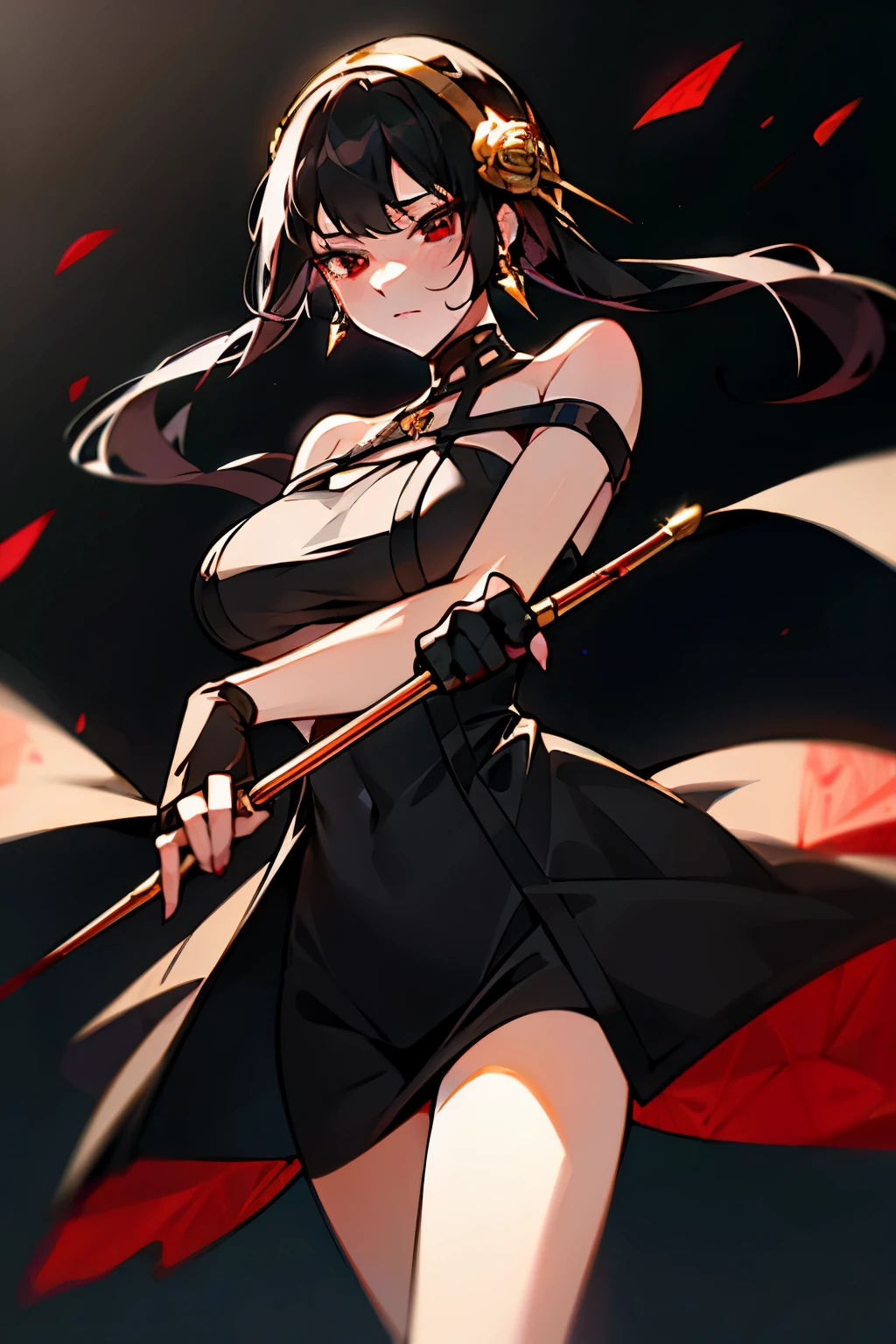 Anime style beutiful woman, 1girl,fullbody, happy, (with sparkling eyes and a contagious smile:1.2), red face, closed mouth, beautiful detailed eyes, super detailed skin, backlighting, bare shoulders, black background, black dress, black gloves, black hair, breasts, dress, earrings, fingerless gloves, floating hair, floral print, flower, gloves, gold earrings, gold hairband, hair flower, hair ornament, hairband, holding, holding weapon, jewelry, large breasts, long hair, looking at viewer, off-shoulder dress, off shoulder,red eyes, short hair with long locks, sidelocks, solo, spikes, thighs, two-sided dress, two-sided fabric, weapon, fighting stance , face, close up, from above, highest quality, high resolution,Real World, Natural light,perfect Natural light,looking at viewer,