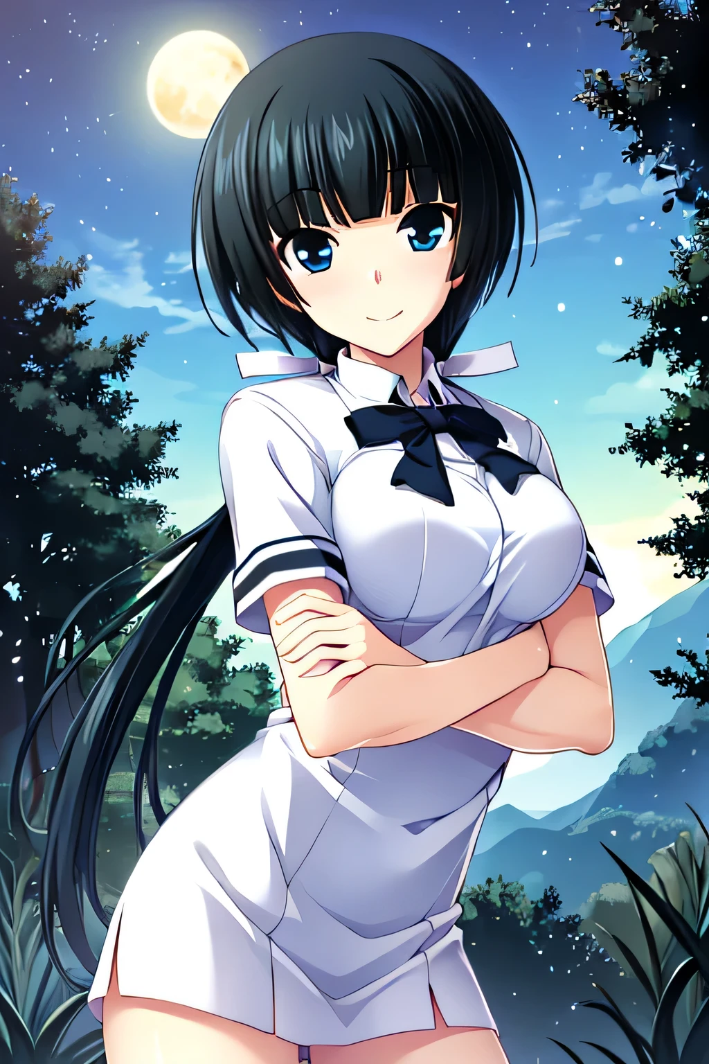 mayuzumi yukie, 1girl, best quality, masterpiece,  white school uniform, solo, cowboy shot, closed_mouth, night sky, forest, {arms behind head}, contrapposto, shy smile, blue eyes, spread armpits,