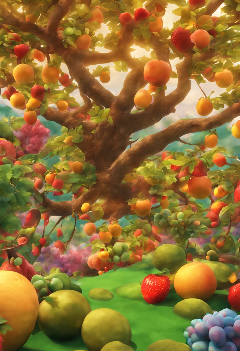 Trees with various fruits, fantasy, fairyland scenery, 3D, kawaii, colorful, best picture quality.