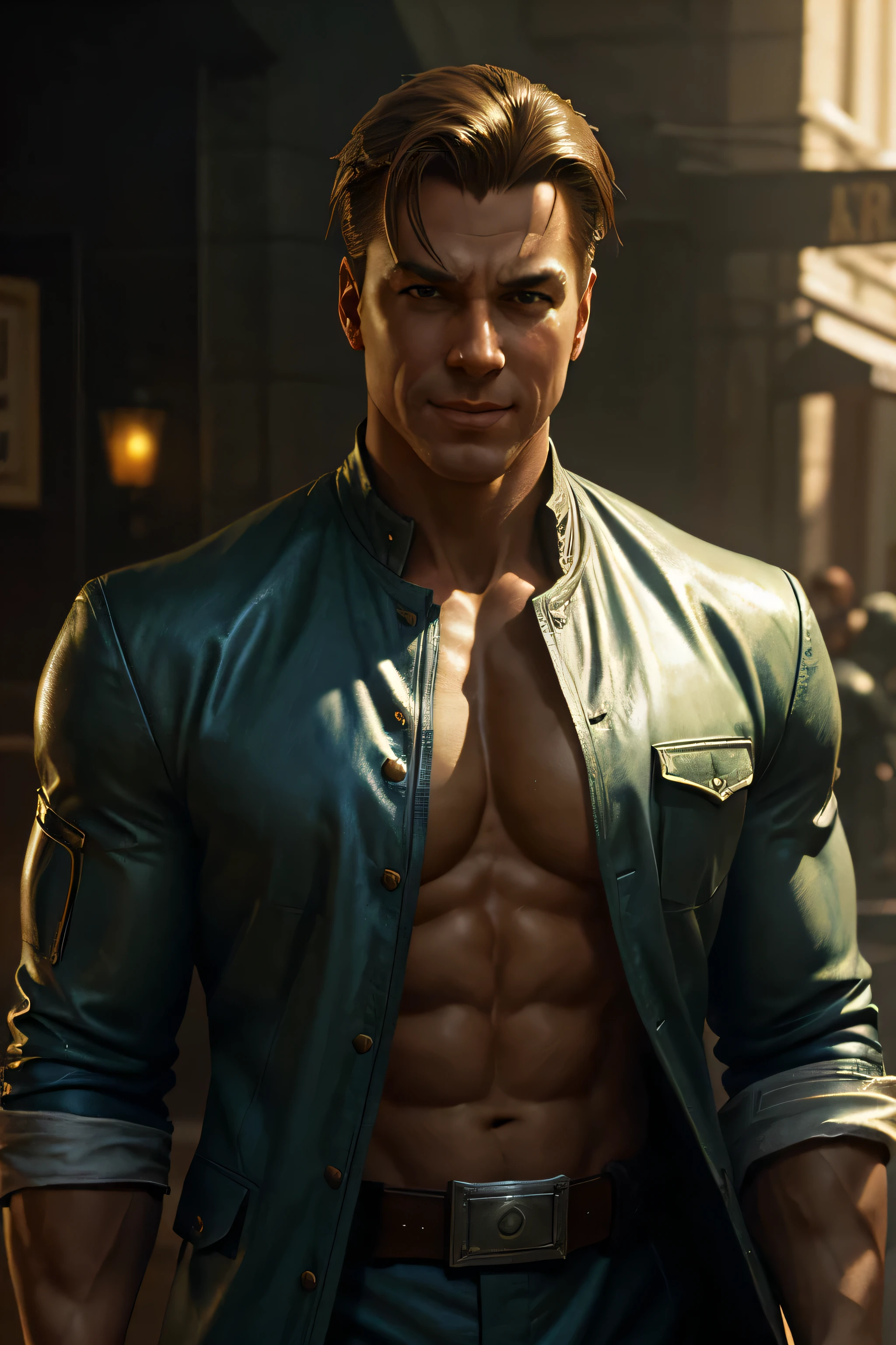portrait of (sks man) good impression, Street Fighter, attractive woman, Character Design, dynamic lighting, cool and bright colors, Gaston Bussière paintings, Craig Mullins, j. c. Leyendecker, Tom of Finland