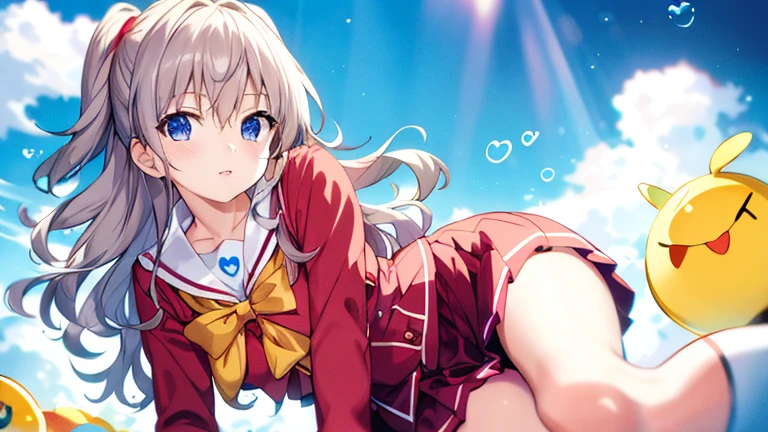 young woman, Tomory alone, with wavy hair, lying on her back, Raised leg, you can see the whole body from head to toe, (Heart: 1.2), wears a red school uniform, elegant bare legs in white socks out of focus, (talking Heart: 1.4), (Best quality, 4K, a high resolution, masterpiece: 1.2), ultra detailed, Realistic: 1.37, portraits, bright colors, soft lighting, Beautiful detailed eyes and lips, abstract colorful background, bubbles, Sun rays, Ribbons, clouds.