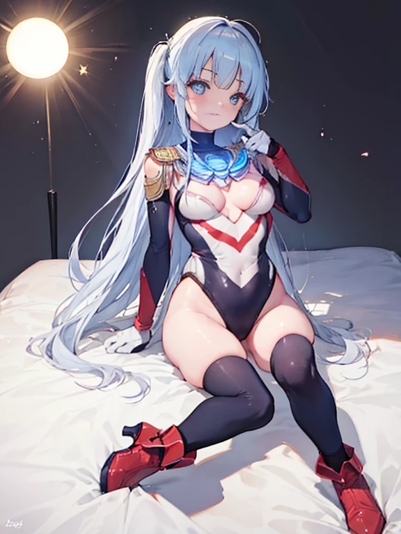 highest quality,sleep on your back in bed,Crab crotch,show me your boots,Leotard sneak peek,glove,elegant, 1 girl, ultraman bodysuit ,cute, blushed, looking at the viewer, from below, prison,blue eyes, beautiful eyes, beautiful background, particles of light, Light of the sun, dramatic lighting, outside, shiny, realistic, table top, highest quality, Super detailed, get used to it, scenery, beautiful and detailed eyes, thin hair,full body shot,