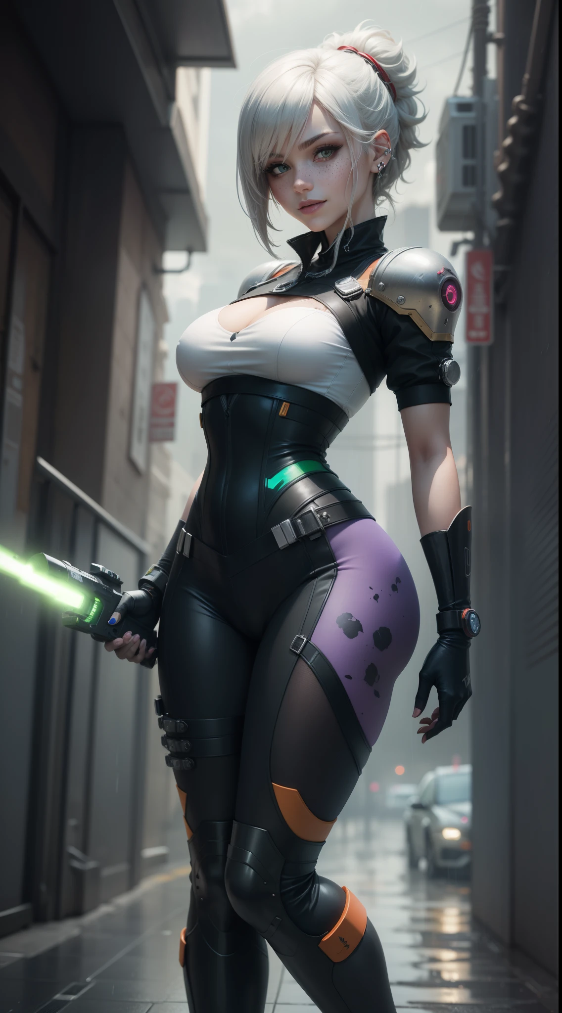 gwen tennyson,yorha 2b,mordred,samus aran,overwatch,atelier ryza,close up,space port,glowing tattoos,purple and orange space plugsuit,neon blue short sleeve space top,short sleeve space pilot jacket,space commander armor,harness corset,white cargo leggings,short hair,punk makeup,green eyes,multicolored silver hair,cyborg gloves,sexy smile,freckles,beautiful girl,knee high cyborg boots,large breasts,8k,ultra detailed,realistic,fantasy art,cyborg armor,hair pin,ear piercings,(weather:rainy),1girl,cyborg neck and head jewelry,shooting a laser gun,