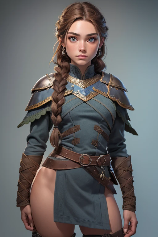 (Obra maestra, La mejor calidad) (young warrior woman of nordic descent), (ojos verdes), (Muscular), (falda de piel), (brown hair color),(loose hair with small braids on the scalp), (top con correa de cuero) plumas, capa sobre el hombro, bufas, (azul, gray and brown suit).