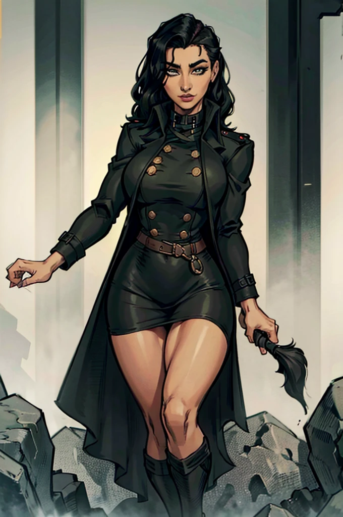 female, black coat, black closed buttoned-up black trench coat from the 1930's style, 5 foot 5 inches tall, slim body build, waist-length wavy brunette black hair, bright green eyes, 28 age, ethnicity india, ethnicity middle eastern.