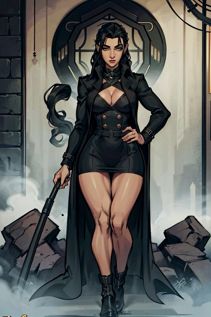 female, black coat, black closed buttoned-up black trench coat from the 1930's style, 5 foot 5 inches tall, slim body build, waist-length wavy brunette black hair, bright green eyes, 28 age, ethnicity india, ethnicity middle eastern.