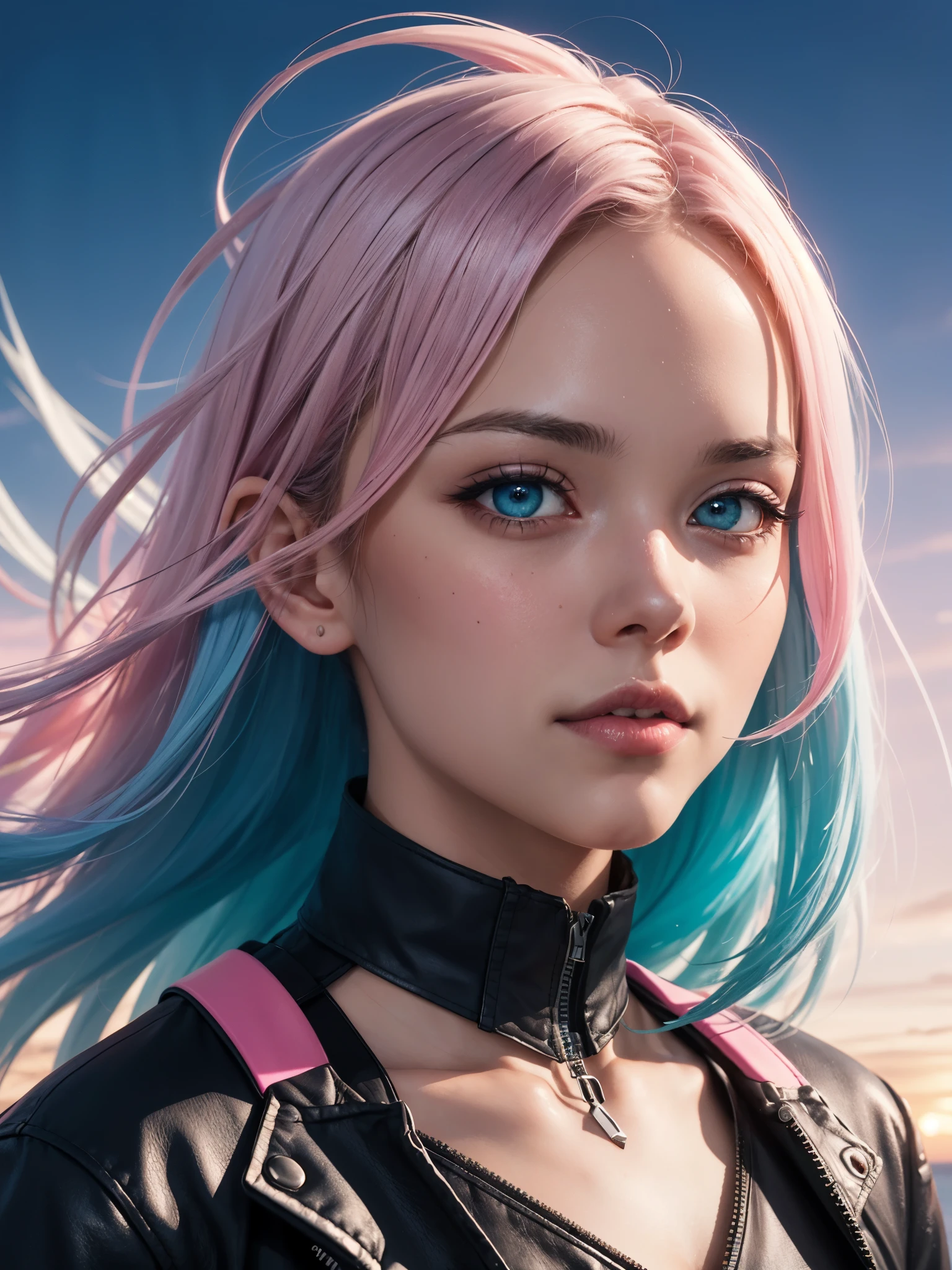 1girl, detailed face, blending colors, blue hair, pink hair, yellow hair, blue eyes, (windswept:1.2), pink background, blue background, glowing, best quality, vivid colors, yaporwave aesthetic, neon lights, synthesizer, futuristic, sunset beach, floating geometric shapes, fhd, high resolution, 8k, masterpiece, super details, photorealistic, god of money,