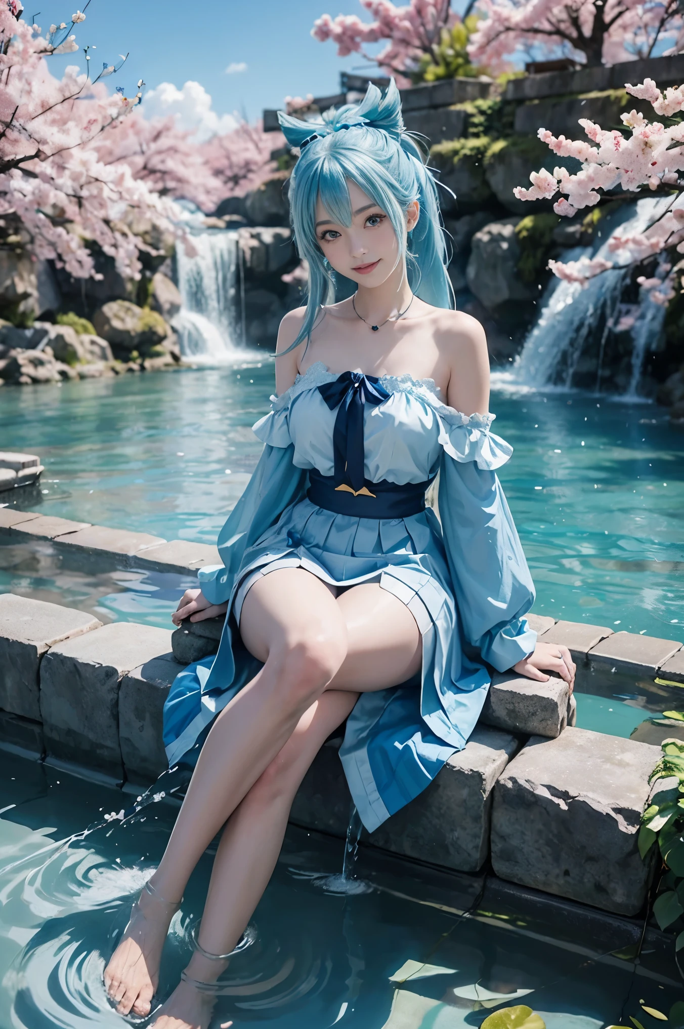 imagine a japonese cosplay Aqua from anime Konosuba, 1girl, solo, smile, looking at viewer,hair rings, green bow, blue shirt, long Blue hair, Blue eyes, bare shoulders, hair ornament, skirt, sitting on a throne, luxurious place, water fountains, from below, and Sakura.