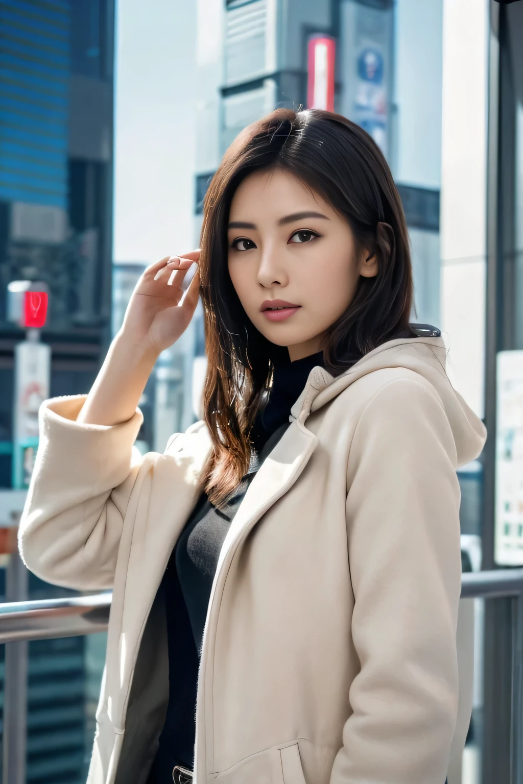 ((table top:1.4, highest quality)), (realistic pictures:1.4), ((1 girl)),
(超High resolution:1.2), very delicate and beautiful, wonderful, on the other hand'OK, Highly detailed CG Unity 8K wallpaper, Super detailed, High resolution, soft light,
beautiful detailed girl, highly detailed eyes and face, beautifully detailed nose, beautiful and detailed eyes,
(light beige coat:1.4), glossy black hair, firm chest,
cinematic lighting, perfect anatomy, slender body,
(Shinjuku skyscrapers:1.3), (sunny winter blue sky:1.4),
cute pose, cowboy shot