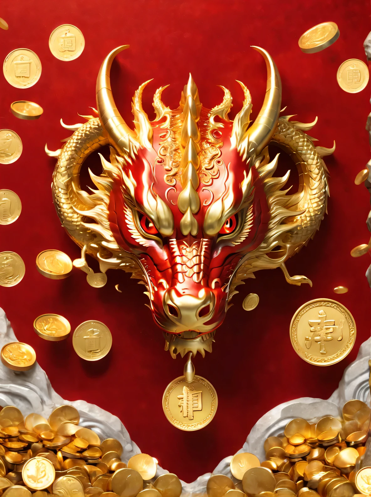 golden dragon，faucet，red background，nobody类，faucet在中央，gold coins，Gold ingots，illustration，console，nobody，There are no limbs，No claws
