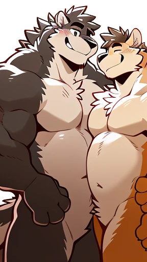 by takemoto arashi, (2boy), duo, male anthro, kemono, hot body, naked, nude, nakedness, nakeness, gut, muscle-gut, muscle, hunk, sexy, handsome boy, (detailed black eyes), (masterpiece, high res, best quality), 4k, soft skin, frot, frottage, rubbing chests together, (((stomachs pressed firmly together))) embrace, (aroused moaning, happy), ((null-crotch, featureless crotch, smooth groin))