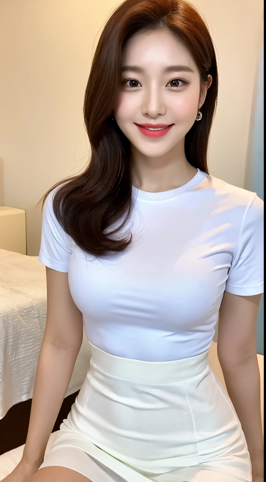 White tight shirt、White tight mini skirt、bed、smile、short sleeve、high resolution、Hallyu Idol Face