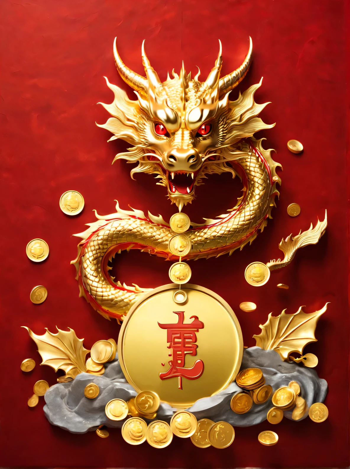 golden dragon，faucet，red background，nobody类，faucet在中央，gold coins，Gold ingots，illustration，console，nobody，There are no limbs，No claws
