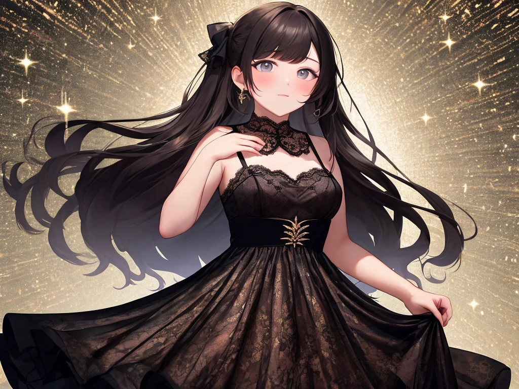 plump woman,curling long black hair,bangs,lace dress,light makeup,Sparkling backgrounds,small breasts,straight face