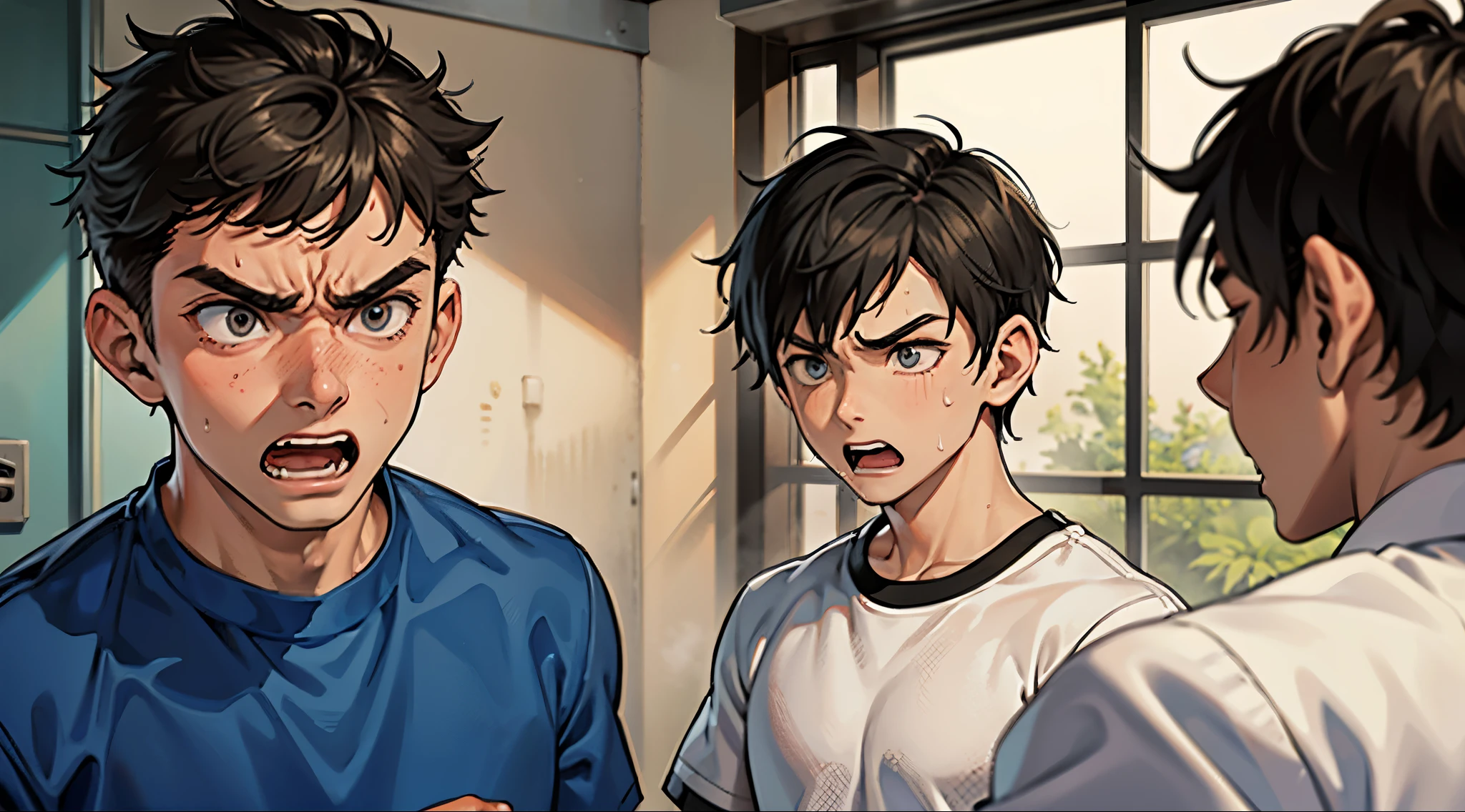 He is upset, angry and yells at the other to leave. There are two 14-year-old boys, one in front of the other, asking him to leave.