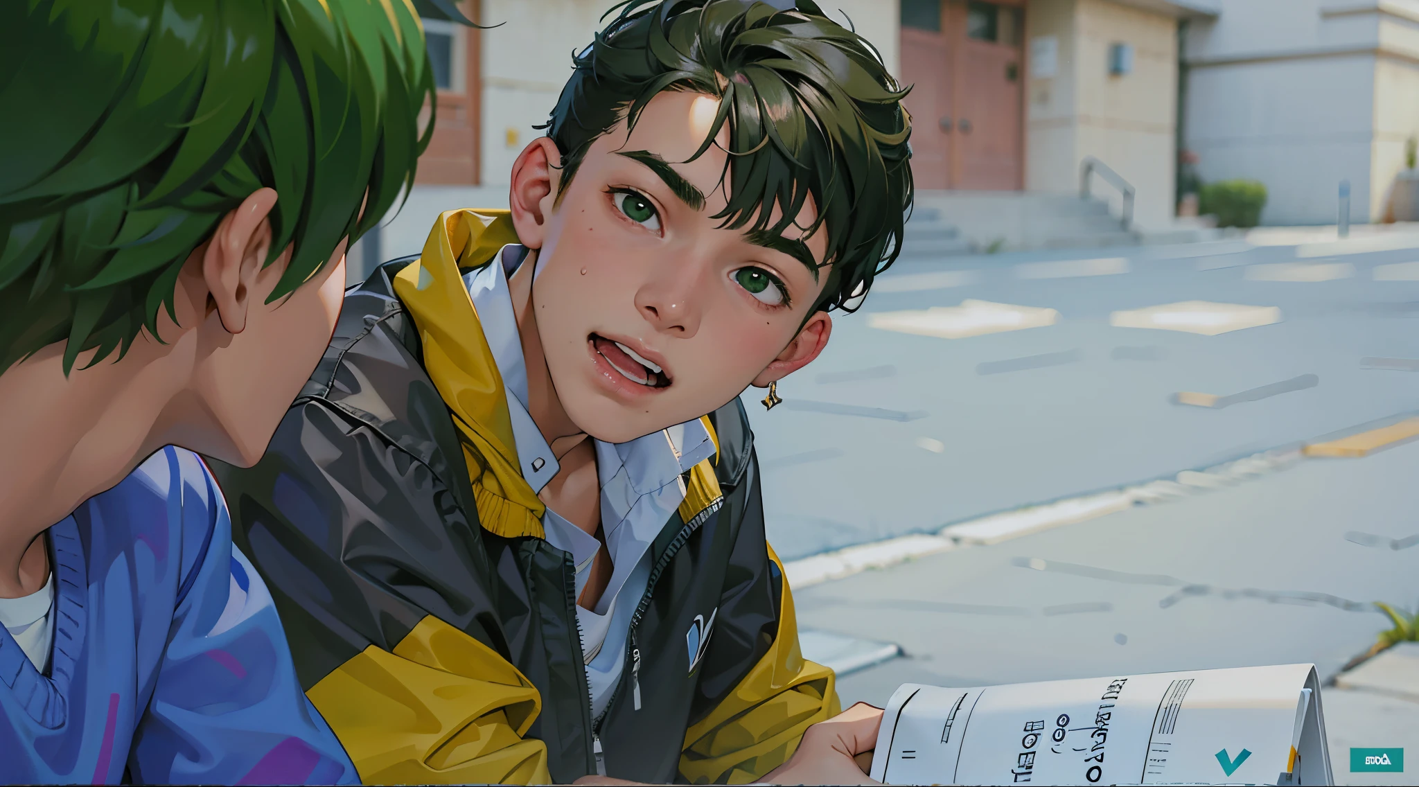 There are two young people sitting next to each other on a bench, They are both and in high school., tienen cabello color verde ojos verdes , esta mirando preocupado a alguien que se acerca