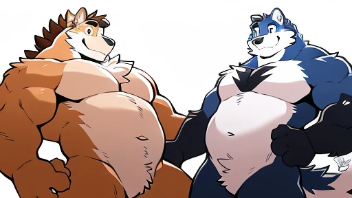 by takemoto arashi, (2boy), duo, male anthro, kemono, hot body, naked, nude, nakedness, nakeness, gut, muscle-gut, muscle, hunk, sexy, handsome boy, (detailed black eyes), (masterpiece, high res, best quality), 4k, soft skin, frot, frottage, rubbing chests together, (((stomachs pressed firmly together))) embrace, (aroused moaning, happy), ((null-crotch, featureless crotch, smooth groin))