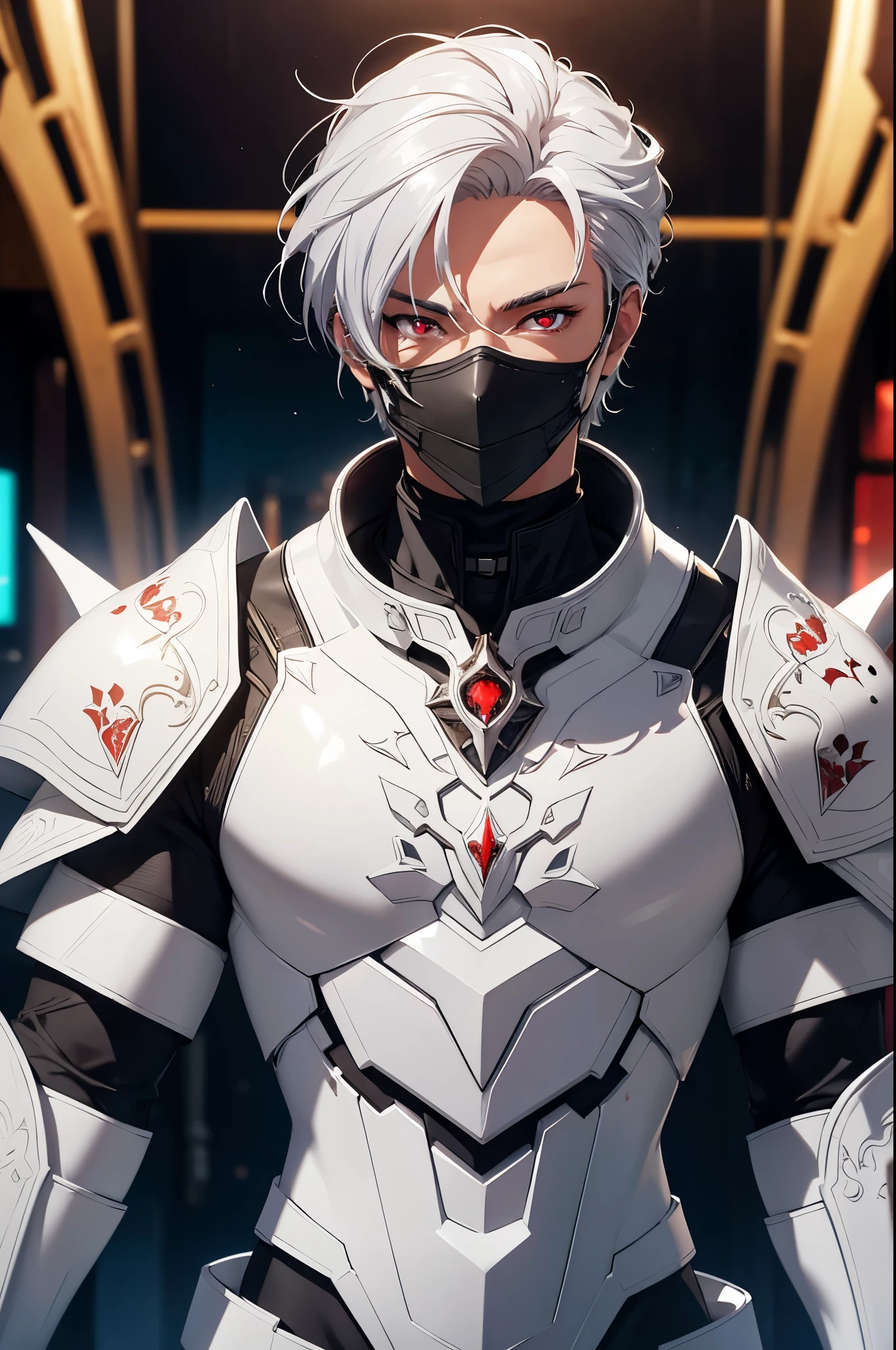 (masterpiece, Best Quality, absurdres, 8K resolution, HD wallpaper), cinematic lighting, raytracing, depth of field, Hyper Detailed, ((Solo Boy)), Handsome, Seductive smile, libido boy, silver hair, ((crystal red eyes,highly detailed CG, beautiful detailed eyes, super detailed)), (((white armor with black, science fiction))), (((background desert))),（neonlight, Vibrant glow, Dynamic color, Vivid Contrast, shiny reflective surfaces), cowboy shot, looking at viewer, upper body, muscular, mask