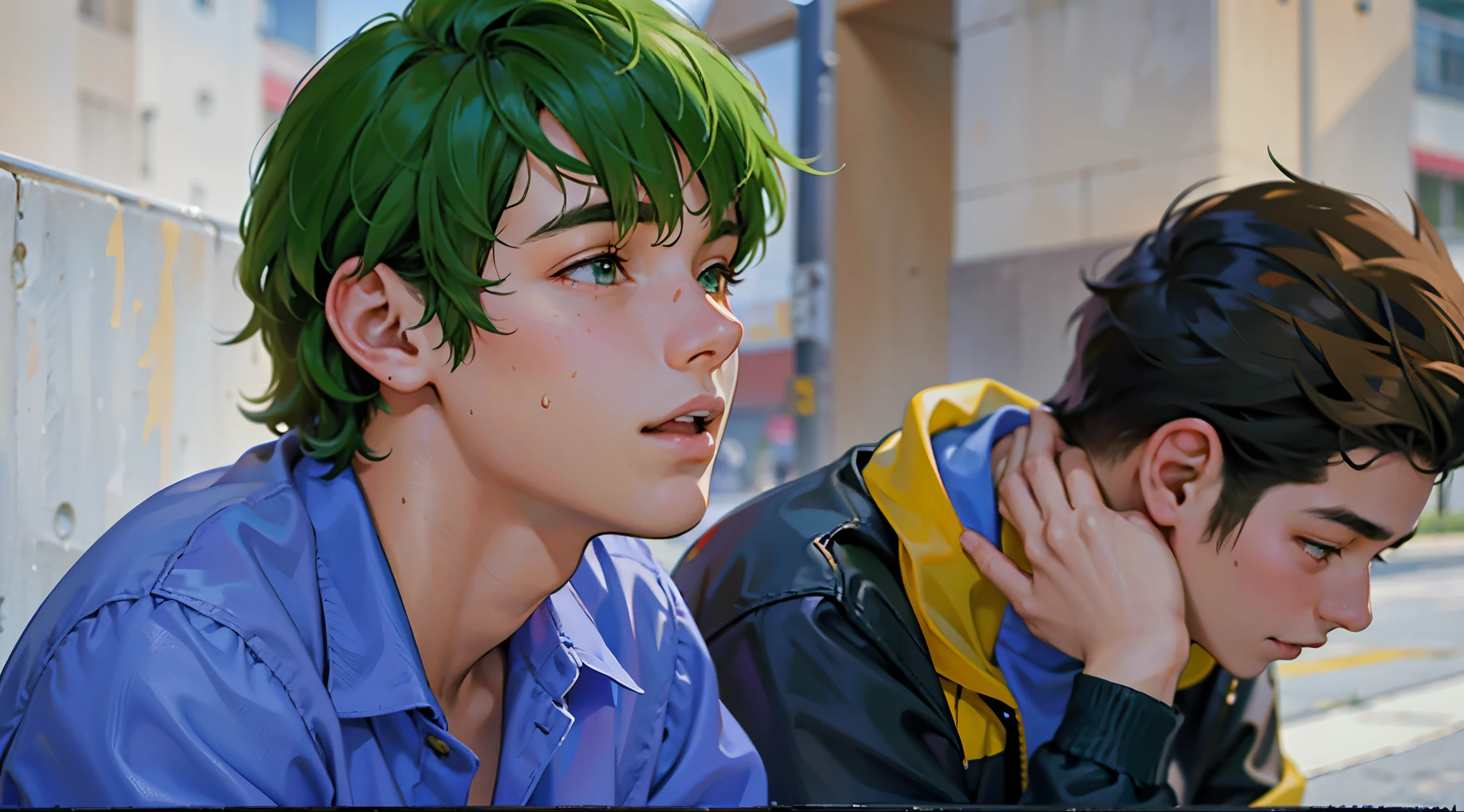 There are two young people sitting next to each other on a bench, They are both and in high school., tienen cabello color verde ojos verdes , esta mirando preocupado a alguien que se acerca