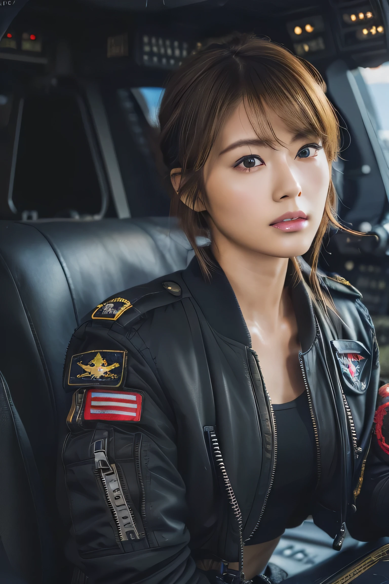(masterpiece:1.2), Super detailed, ultra high resolution, (realistic, photo realistic:1.37), High-definition RAW color photos, professional photos, highly detailed face, very fine eyes, highly detailed skin, very fine fingers, highly detailed nose, highly detailed mouth, perfect anatomy, highly detailed background, (famous japanese actress:1.2), (Improve:1.2), flat chest, brown race, black skin, blonde hair, Very short cut hair, (Wearing a black air bomber jacket with many patches, cargo pants:1.3),  (Fighter cockpit:1.7), 