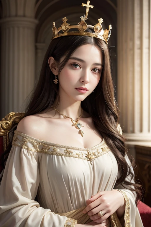 ethereal and powerful goddess, realistic oil painting, inspired by Jan van Eyck's "The Arnolfini Portrait", intricate details of flowing robes and golden jewelry, glowing halo above her head, soft lighting from a window in the background.