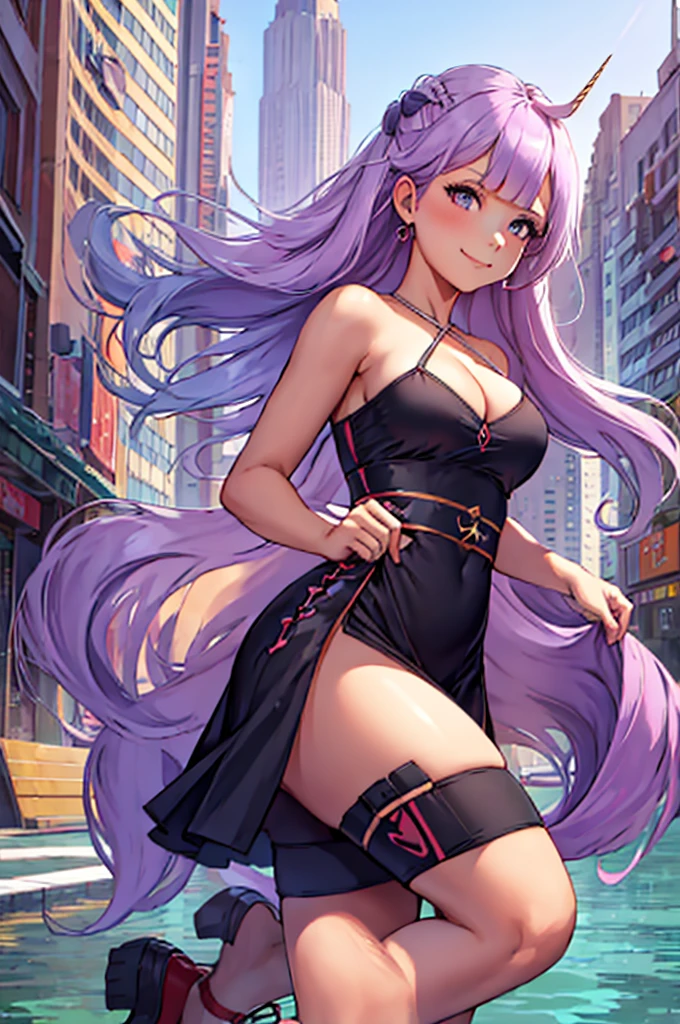 Unicorn, dress, 1girl, solo, long hair, looking at viewer, fake, smile, breasts, cleavage, city background, bare shoulders, closed mouth, portrait, skin tight outfit, short skirt, seductive, realistic, (best quality), (masterpiece), ultra detail, (ultra high res), extreme detail, 8k, uhd, detailed