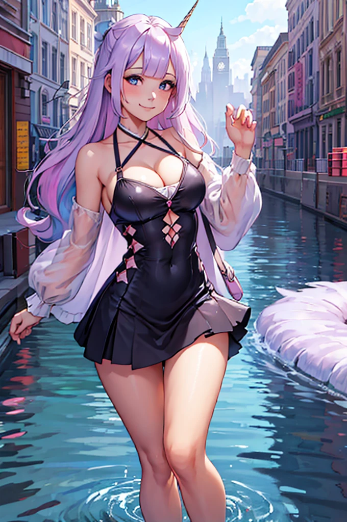 Unicorn, dress, 1girl, solo, long hair, looking at viewer, fake, smile, breasts, cleavage, city background, bare shoulders, closed mouth, portrait, skin tight outfit, short skirt, seductive, realistic, (best quality), (masterpiece), ultra detail, (ultra high res), extreme detail, 8k, uhd, detailed