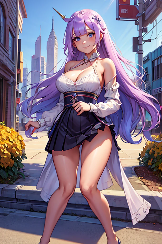 Unicorn, dress, 1girl, solo, long hair, looking at viewer, fake, smile, breasts, cleavage, city background, bare shoulders, closed mouth, portrait, skin tight outfit, short skirt, seductive, realistic, (best quality), (masterpiece), ultra detail, (ultra high res), extreme detail, 8k, uhd, detailed