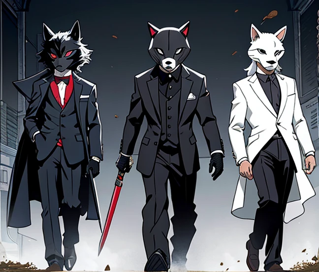 Trio with animal masks, black suits, weapons.