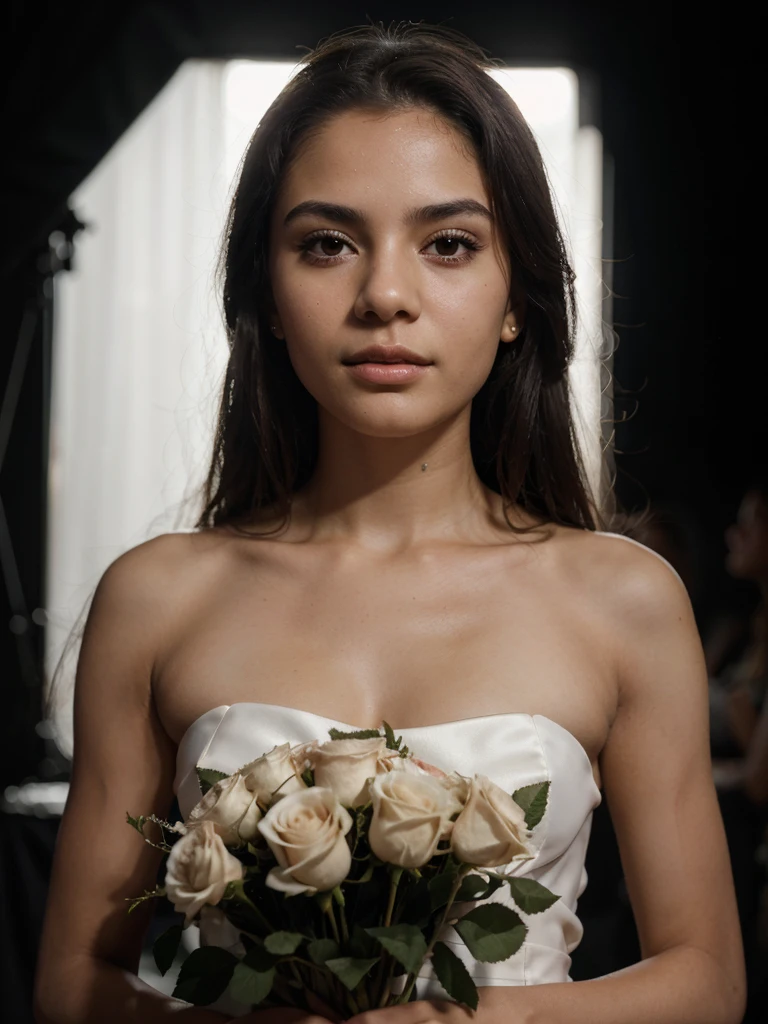 RAW photo, [[[[Closeup]]]], [[[One]]], 18 year old Brazilian, beautiful dress, white skin, light makeup, lip gloss, realistic skin texture, sharp focus, realistic cinematic photo, black background with low light, bouquet of roses, without any jewelry.
