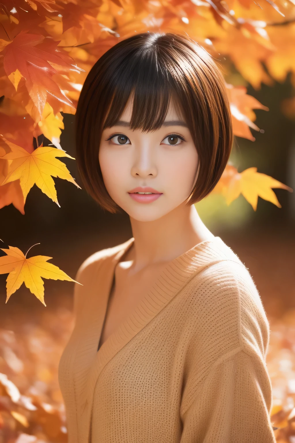 Cute Japan woman walking in autumn leaves、short cut hairstyle、Beautiful autumn leaves and scenery、Photoreal、beautiful and detailed eyes、hyper realism、high contrast、Ultra HD、realistic skin texture、best image quality、highest quality、ultra high resolution、small details、very politely