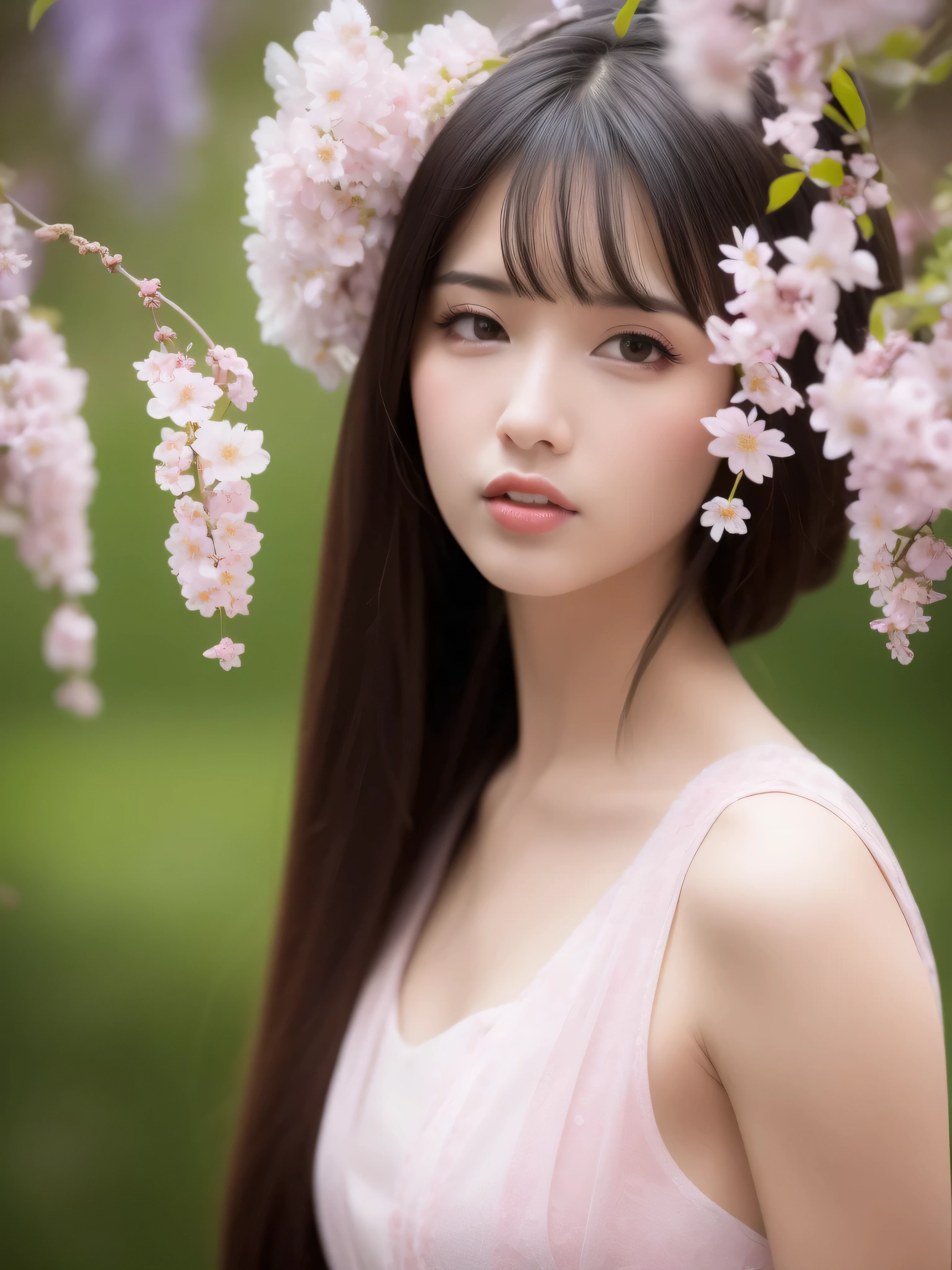 best quality, ultra high res, (photorealistic:1.4), 1girl, artist_name, black_hair, blurry, blurry_background, blurry_foreground, branch, cherry_blossoms, dandelion, dango, depth_of_field, eyelashes, face, falling_petals, floral_background, flower, hanami, lips, long_hair, nose, outdoors, petals, pink_flower, plum_blossoms, sanshoku_dango, solo, spring_\(season\), tree, white_flower, wisteria    