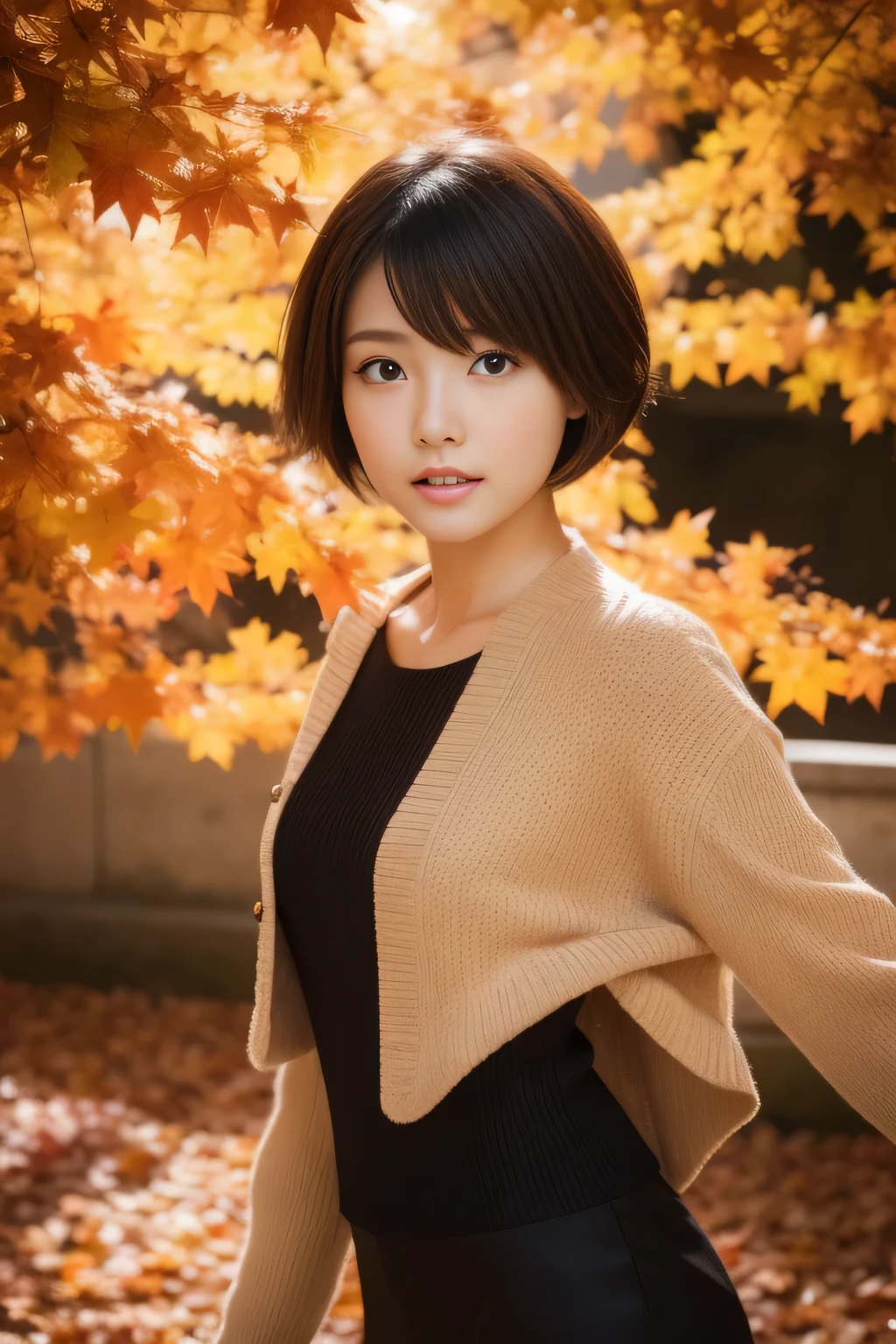 Cute Japan woman walking in autumn leaves、short cut hairstyle、Beautiful autumn leaves and scenery、Photoreal、beautiful and detailed eyes、hyper realism、high contrast、Ultra HD、realistic skin texture、best image quality、highest quality、ultra high resolution、small details、very politely