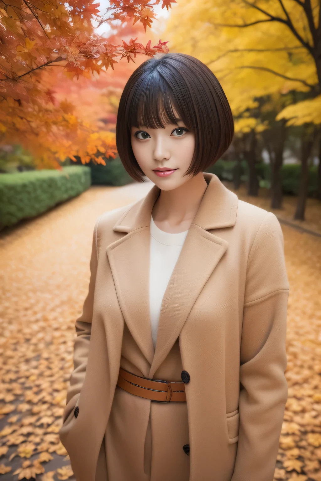 Cute Japan woman walking in autumn leaves、short cut hairstyle、Beautiful autumn leaves and scenery、Photoreal、beautiful and detailed eyes、hyper realism、high contrast、Ultra HD、realistic skin texture、best image quality、highest quality、ultra high resolution、small details、very politely