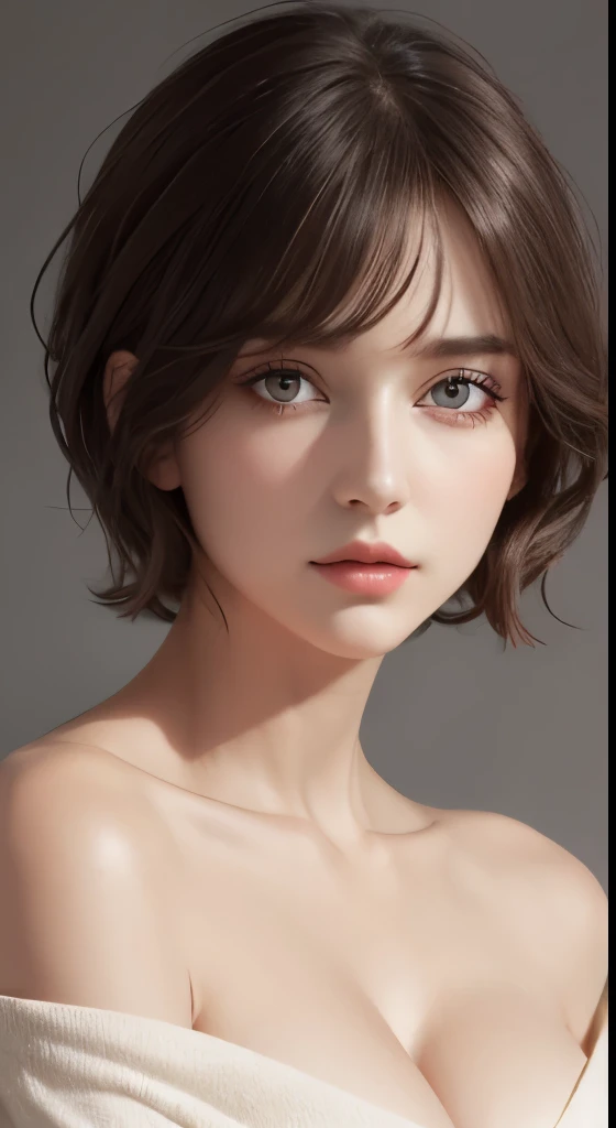 cinematic lighting、perfection、soft light、High resolution skin:1.2、realistic skin texture、30 year old mature woman、small face、no makeup、off shoulder、Bust B Cup、exposed cleavage、red eyes、short hair、dark brown hair、full nude、gray background、