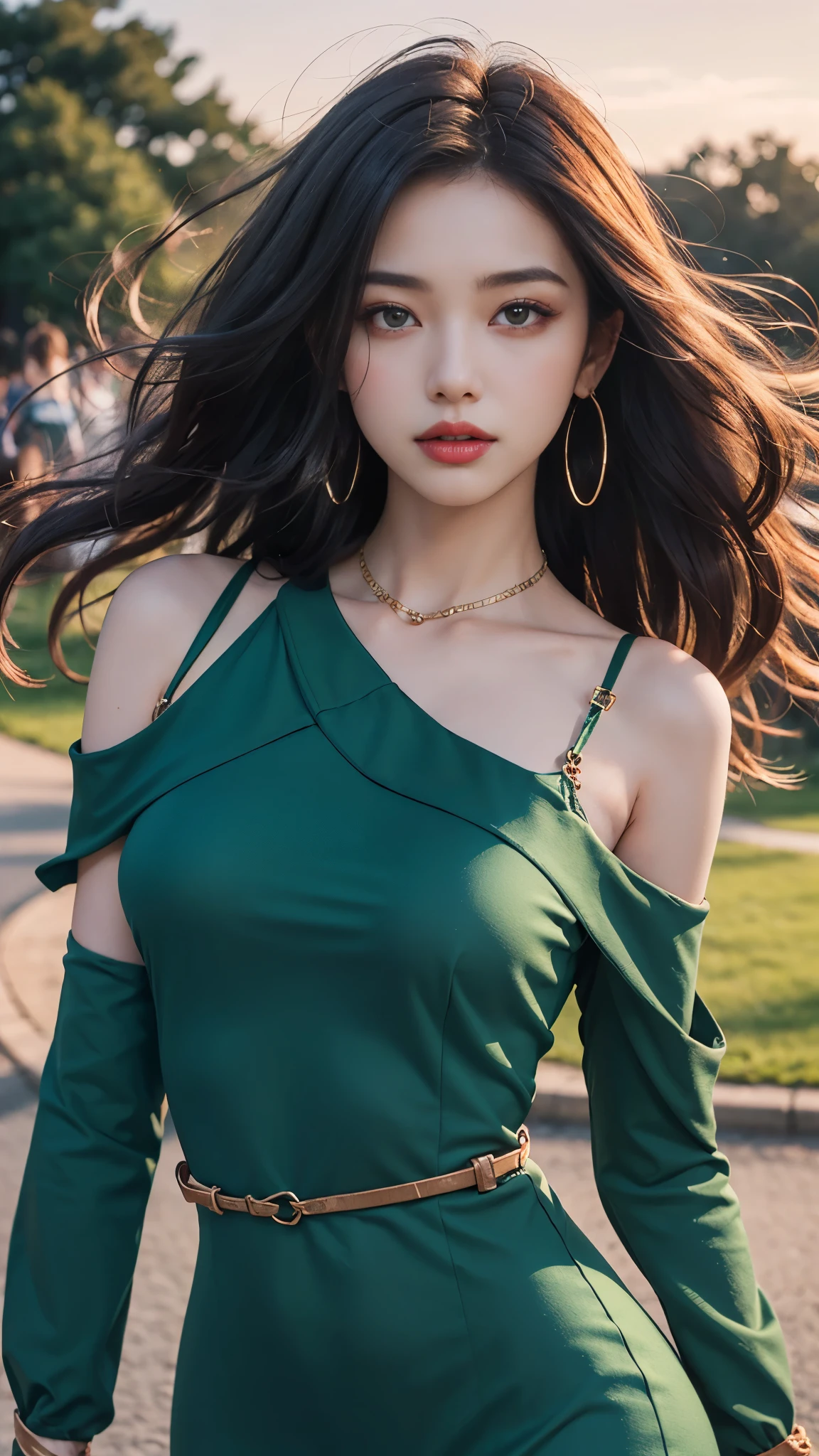 8k, masterpiece, 1 girl, beautiful face, very long hair, light makeup, detailed eyes, detailed lips, ((beautiful Curved figure)), (simple dress:1.4), green dress, (wearing jewellery), (strap:1.4), (bare shoulder:1.4), in the park, sunset, evening, blowing wind, hair spreading,