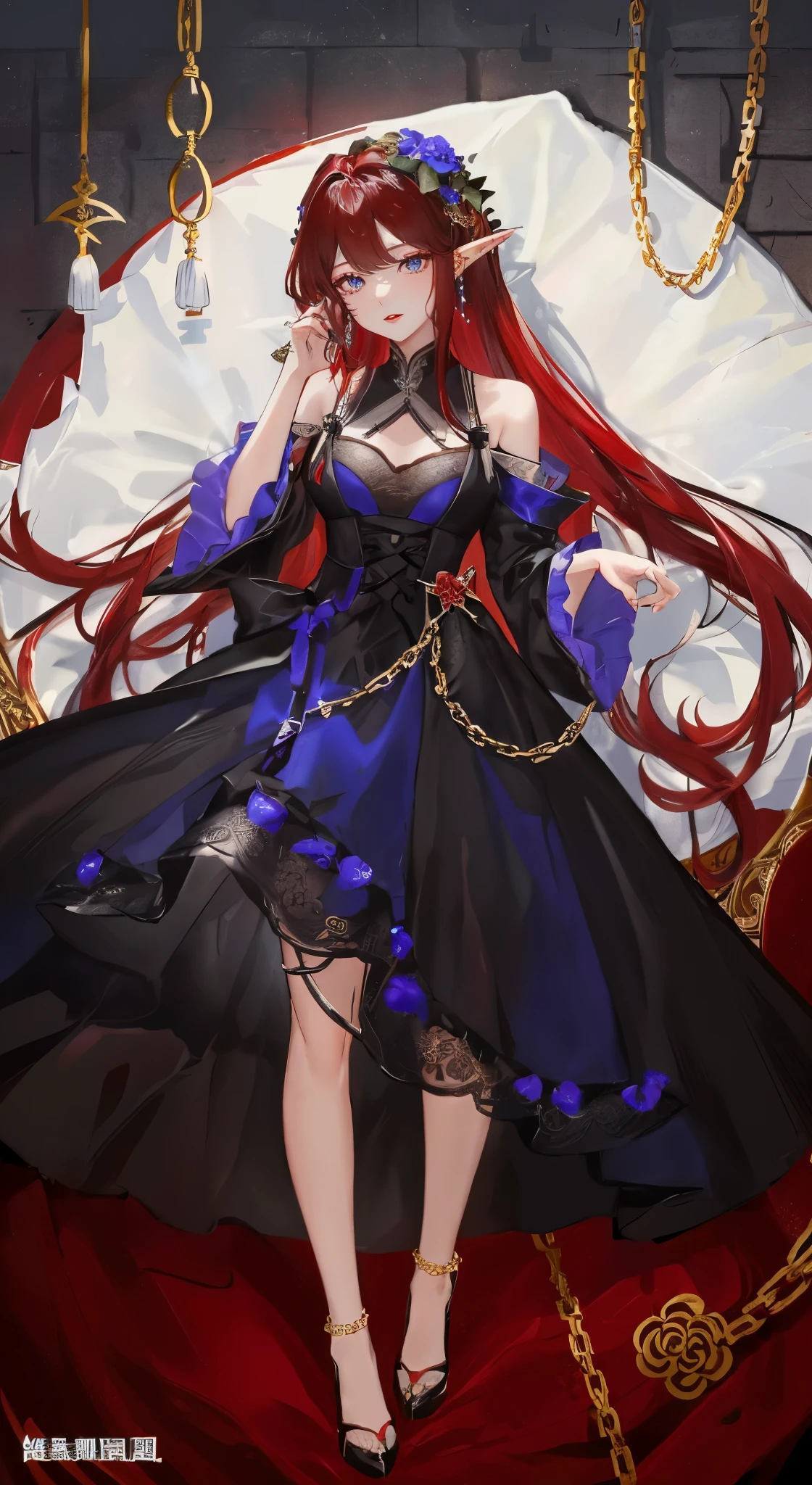 black红色短发,close up,dream world,Elf royal sister,Long dark red hair,red lips,Nice blue eyes,Prom Hall,grace,earrings,(荆棘earrings,Thorn Head Chain),necklace,humanoid, Prom background,Baroque, her skin is white, fair complexion,(red evening dress,black色的火焰与荆棘,Thorn Dress),black色玫瑰,black,black,High heel,
