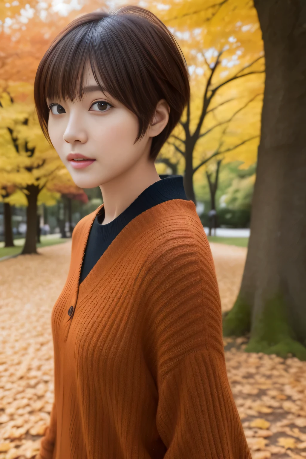 Cute Japan woman walking in autumn leaves、short cut hairstyle、Beautiful autumn leaves and scenery、Photoreal、beautiful and detailed eyes、hyper realism、high contrast、Ultra HD、realistic skin texture、best image quality、highest quality、ultra high resolution、small details、very politely
