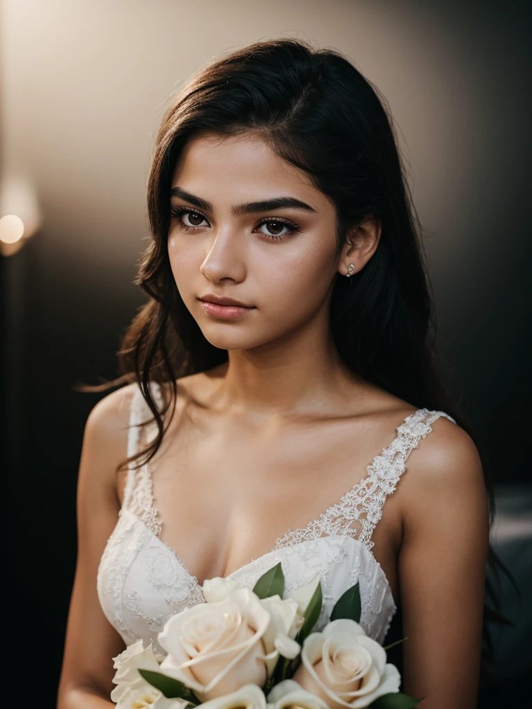 RAW photo, [[[[Closeup]]]], [[[One]]], 18 year old Brazilian, beautiful dress, white skin, light makeup, lip gloss, realistic skin texture, sharp focus, realistic cinematic photo, black background with low light, bouquet of roses, without any jewelry.
