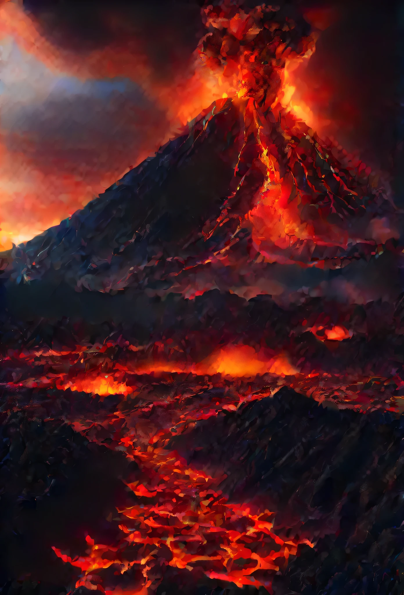 best quality,4K,8k,high resolution,masterpiece:1.2,super detailed,(actual,photoactual,photo-actual:1.37),volcano exploding,Blazing lava flows,Vibrant reds and oranges,Thick volcanic smoke,Lava sprays into the sky,dramatic scenery,broken rocks,Crackling fire,Lava ocean,Blazing magma,billowing gray clouds,intense heat,Hazardous environments,Unpredictable forces of nature,majestic and powerful,Destructive energy,Magma eruption,Dark silhouette of volcano against glowing sky,Dramatic lights and shadows,Powerful geological forces,Ominous existence,explosion roar,Melting rivers wash over the earth,muggy,Surreal and otherworldly,Spectacular volcanic activity,Awe-inspiring sight.