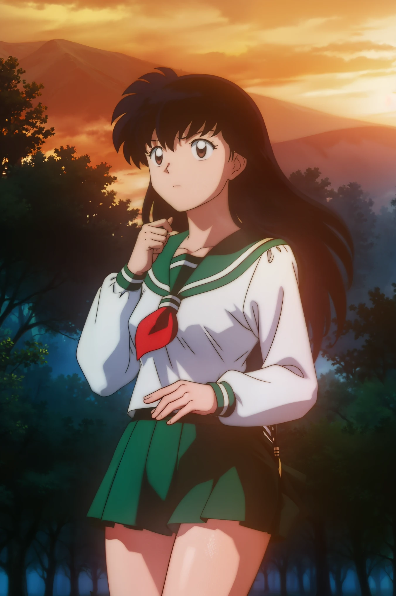 1girl, solo, outdoors, long hair, brown eyes, school uniform,(Masterpiece: 1.6, Best Quality), (Fine Beautiful Eyes: 1.2), (best quality, masterpiece, higher), green school uniform, soft thighs , long sleeves, white socks, scenery , Best Quality, ((anime)) ((Colored)) HD, Kagome Higurashi ,school uniforms, Standing, Green skirt, Red scarf, long hair, Black hair between the eyes, Thighs are soft, school background , black hair, skirt ,standing, green skirt, serafuku
